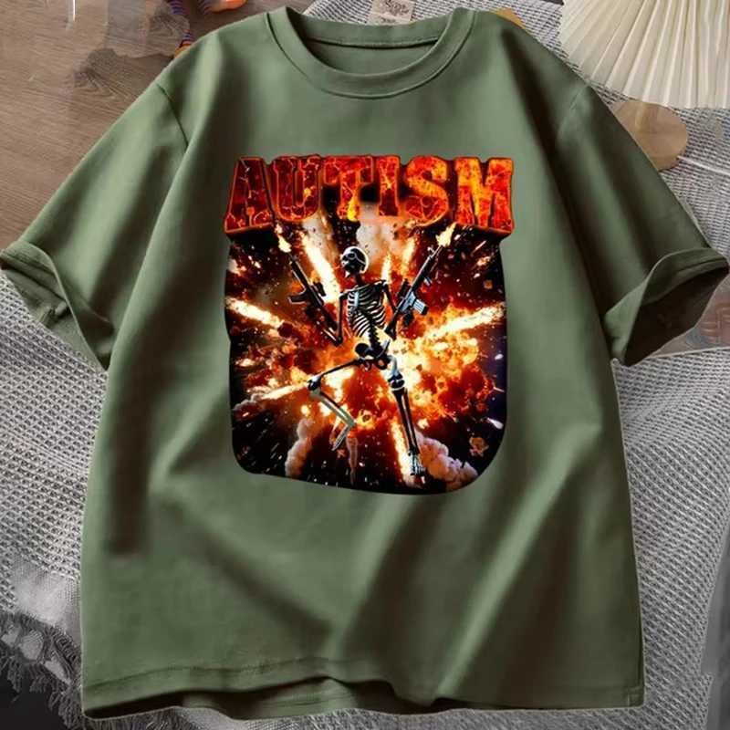 Autistic Funny Skeleton T-shirt Womens Autism Edgy Skeleton Meme T-shirt Casual Short Slip T-shirt Round Neck Dress X250213