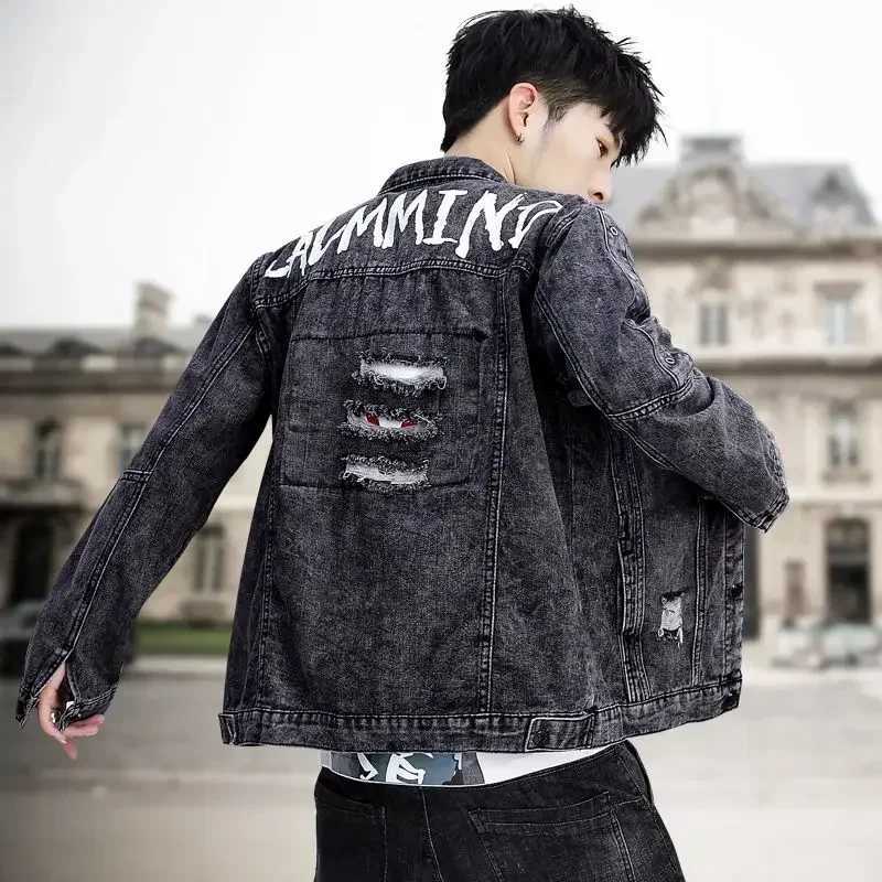 Mens Jean Coats with Hole Ripped Mens Denim Jacket Punk Rock Menswear Size L G Casual Loose Joker One Piece Washed Trendy Large X250213