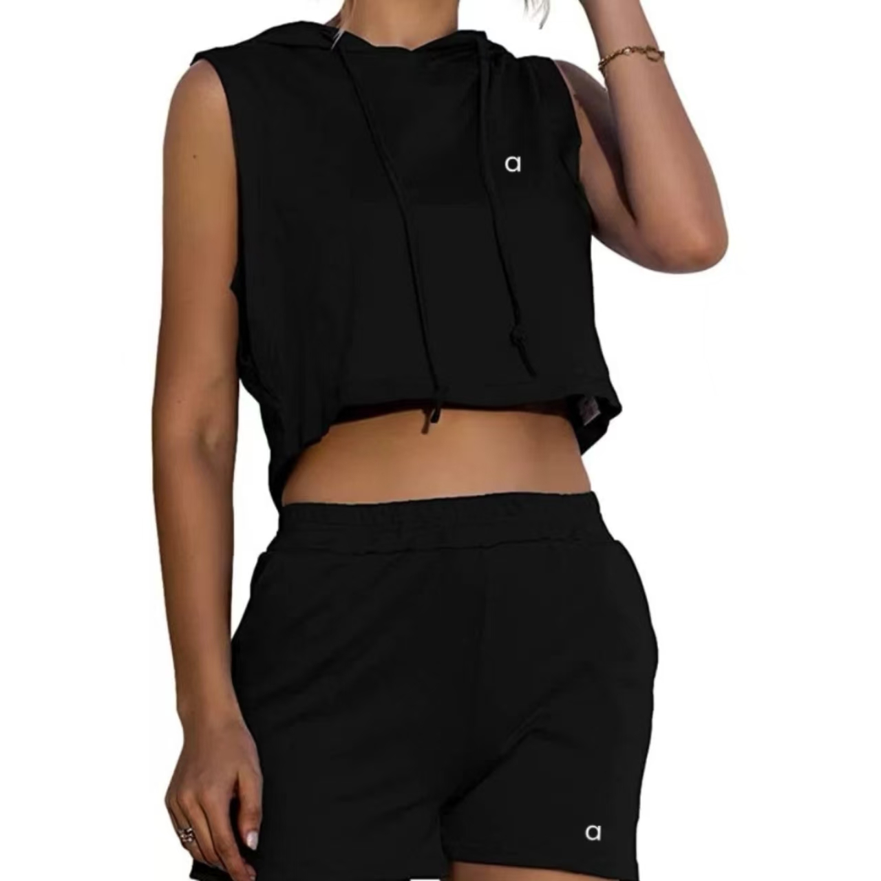 a2304 Women Sports Hooded Tank Suit Yoga Jogging Two Piece Set Summer Sleeveless Fitness Sweatshirt Workout Hoodie Shorts Jogger Suit Gym Tracksuit