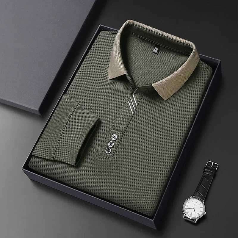 2025 Waffle Mens Long Sleeve T-shirt Spring Lapel Business Casual Polo Shirt Elastic Base Shirt Top New Men Clothes X250213