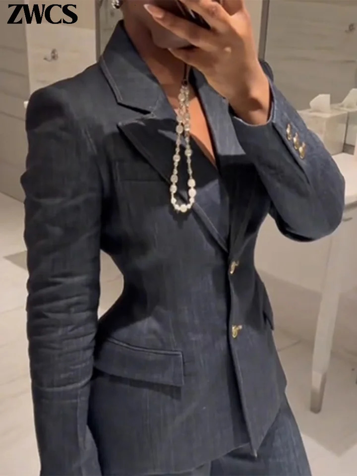 Elegant Denim Blazer Vest Pants Set Women Single-breasted V-Neck Suit Coat Strapless Tanks Straight Leg Jeans 2025 Lady Suit 250213