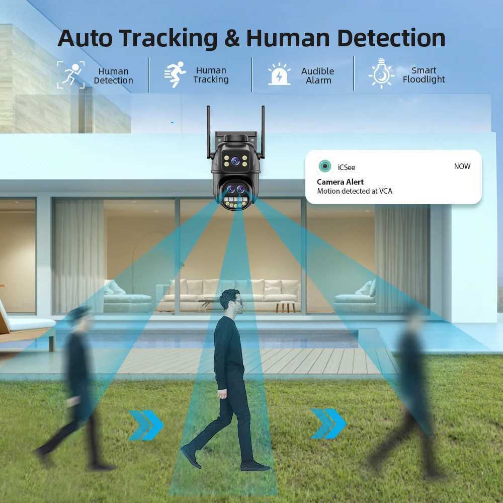 Smart Home Security System 9MP 5K HD WiFi IP Camera Outdoor 8x Zoom Three Lens Dual Screen PTZ Camera Auto Tracking Home Security CCTV Surveillance 4M