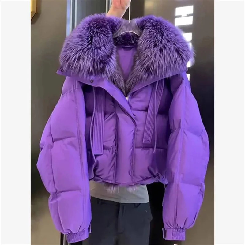 Oversized Purple Short Cotton Jacket Womens Winter With Large Fur Collar High-End Feel Including Bread Jackets Cotton Coat 250210