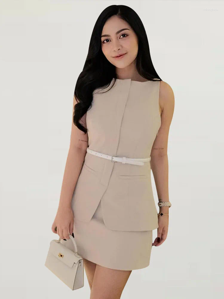 Casual Dresses Mini Skirt 2 Piece Sets Women Solid Slim O Neck Sleeveless Waistcoat With Belt A Line Summer Office Commute Outfit