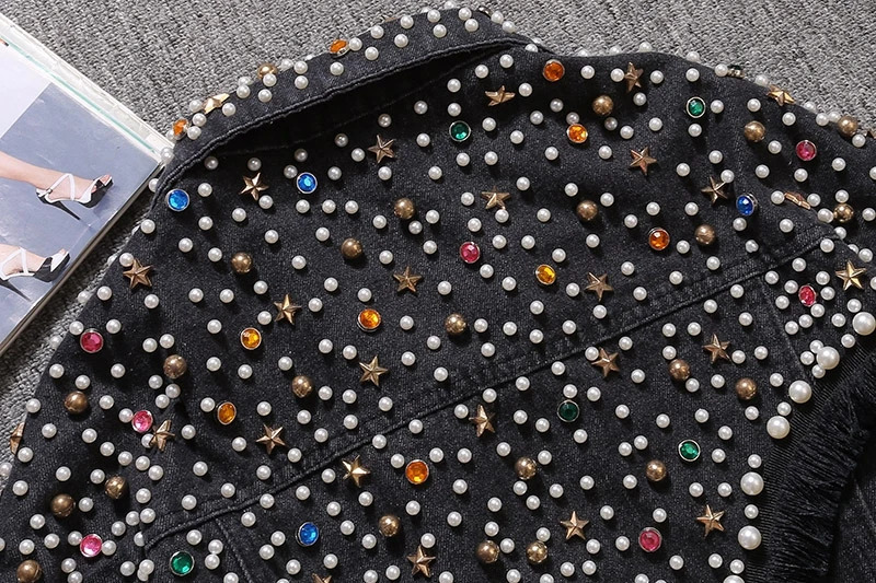 Whole sale woman jean jacket denim pearl beaded diamond long sleeve coat ladies denim jacket women 250213