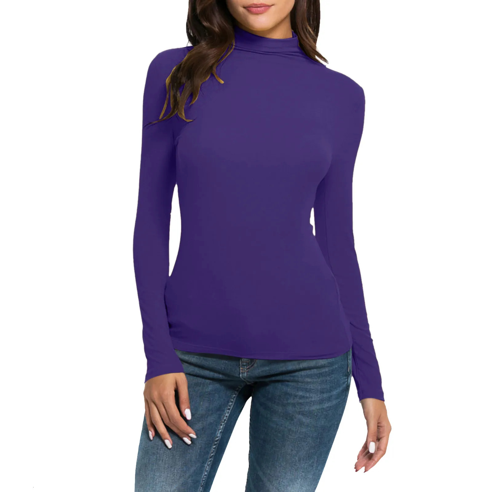 Women Long Sleeve T Shirts Spring Solid Turtleneck Slim Loose Tops Fit Casual Pullover Basic Tee Y2k Crop 250211