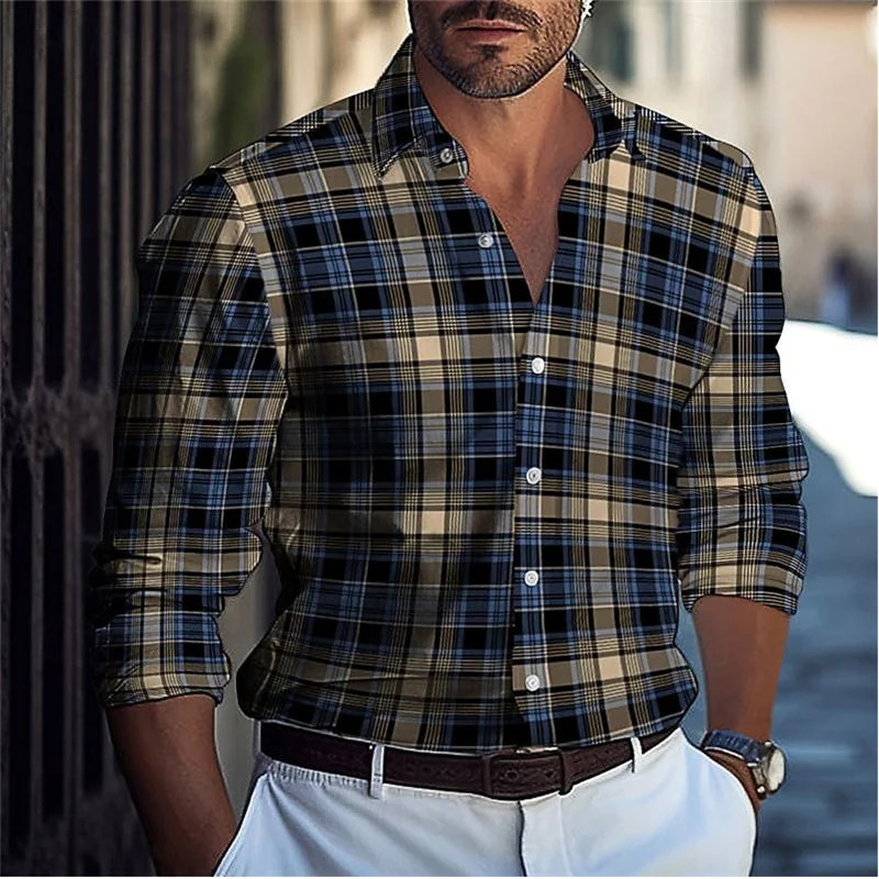 mens Lapel Button Up Shirt Summer Casual Beach Long Sleeve Shirt Comfortable Checkere Color Block mens Clothing Top 250211