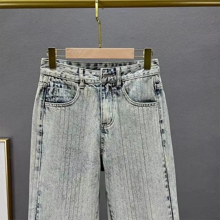 Jeans Womens 2025 Spring High Waist Loose and Thin Heavy Industry Diamond Wide Leg Mopping Trousers 250212