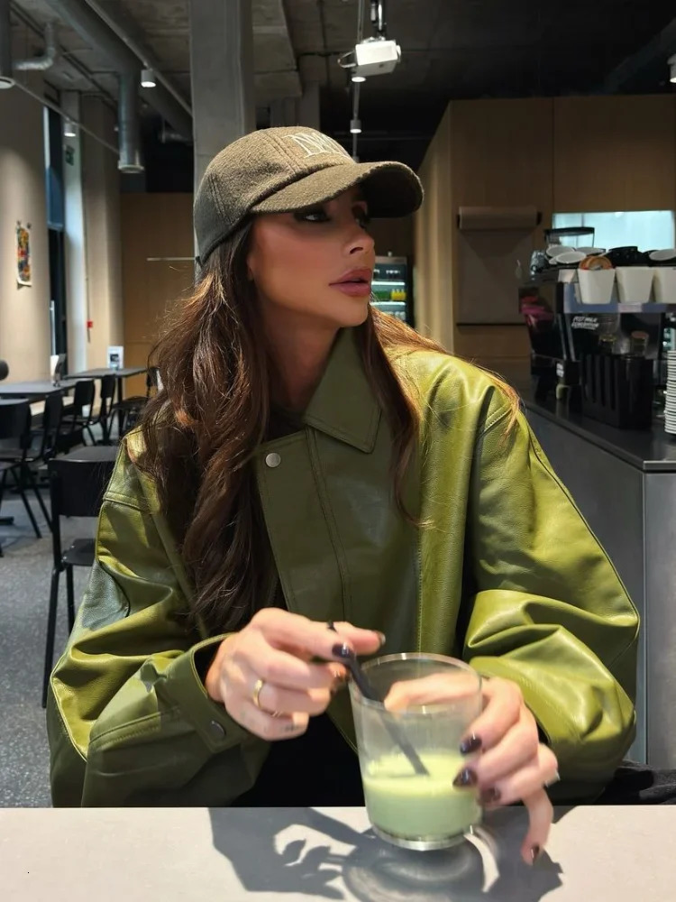 Fashion Green Leather Sleeve Loose Jacket Women Chic Laple Zipper Cropped Short Coats 2024 Lady Casual High Street Outerwear 250122