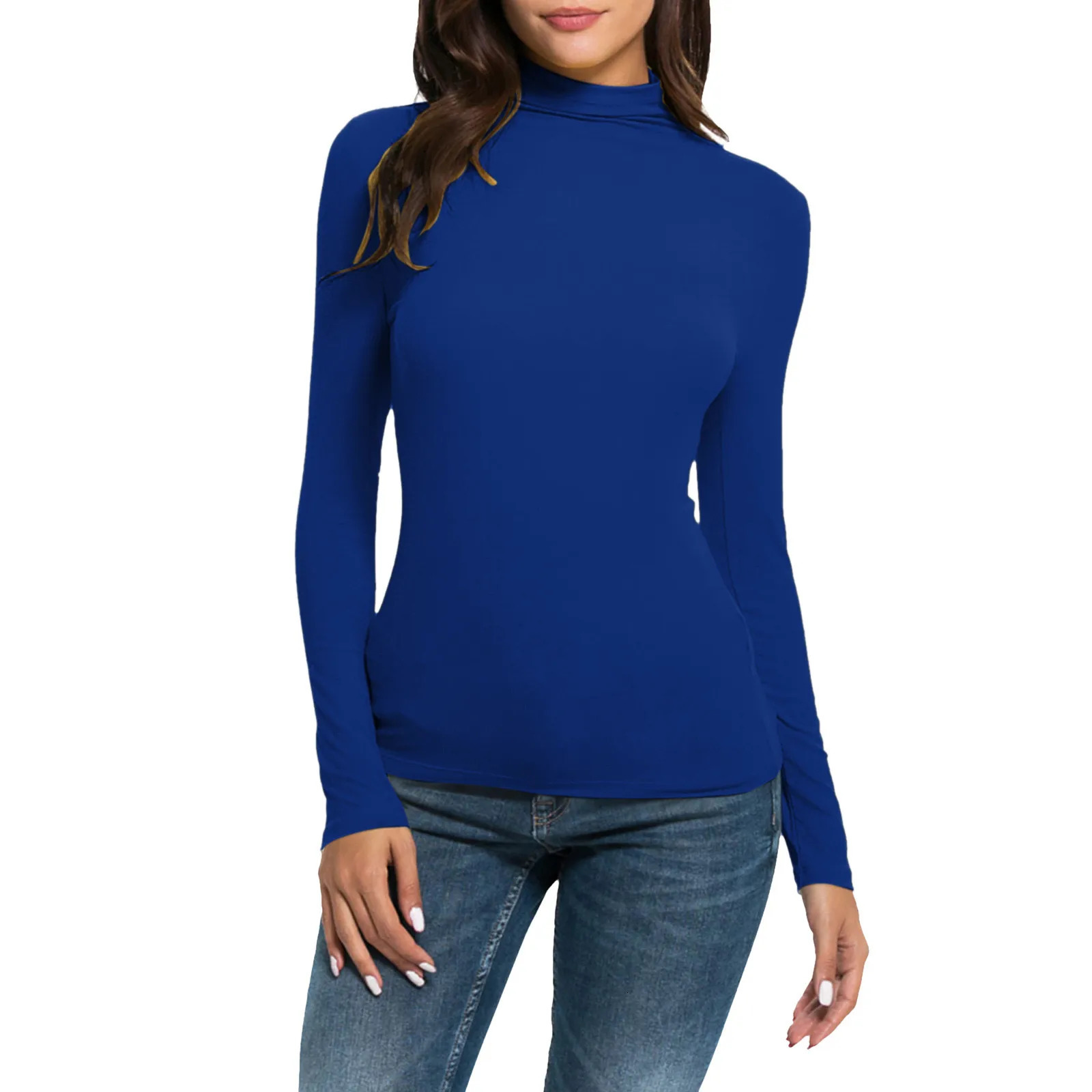 Women Long Sleeve T Shirts Spring Solid Turtleneck Slim Loose Tops Fit Casual Pullover Basic Tee Y2k Crop 250211