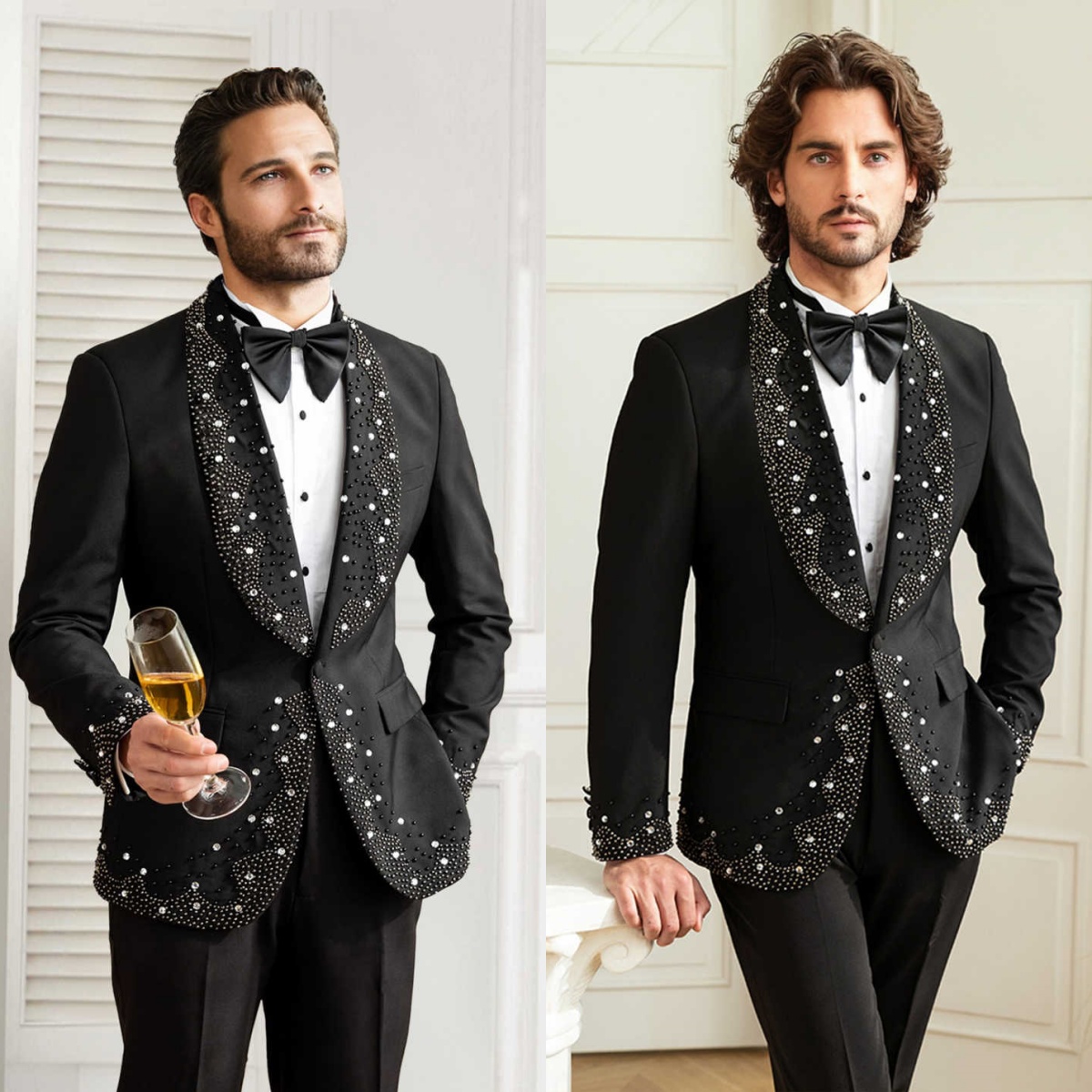 Handmade Wedding Tuxedos Beaded Crystal One Button Men Suits Shawl Lapel 3 Piece Set Jacket Vest Pants Groom Blazers Customized
