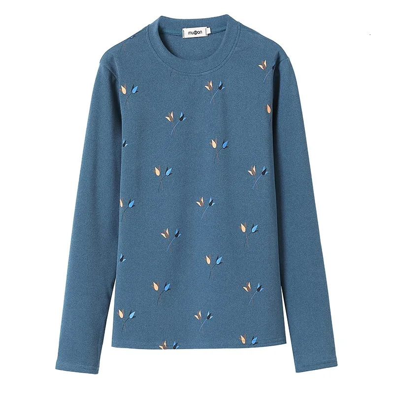 2024 Autumn Winter Velvet Base Layer Top Slimming Womens Leaf Print Tshirt Warm Long Sleeve Female Blouses Shirt 250114Z