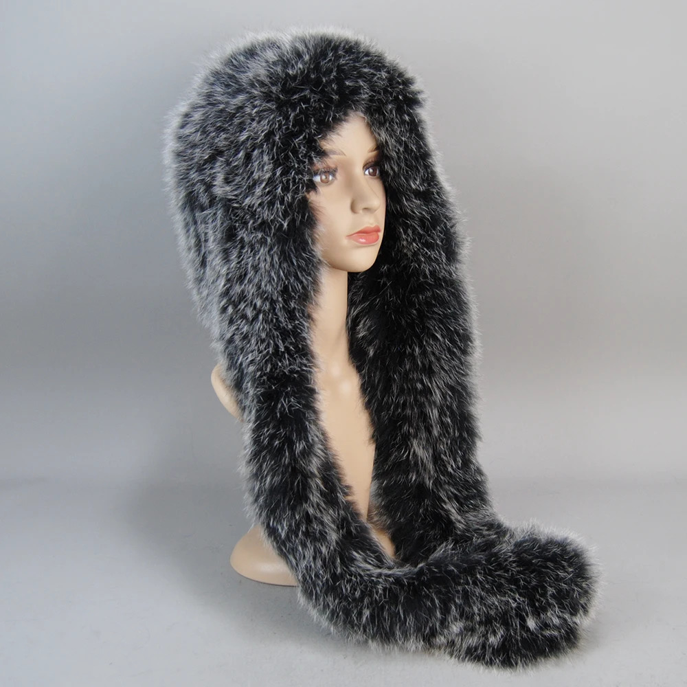 Fashionable Genuine Large Female Fur Hat Hood Volume Hats For Women Winter Warm Novelty Knitted Scarf 250118