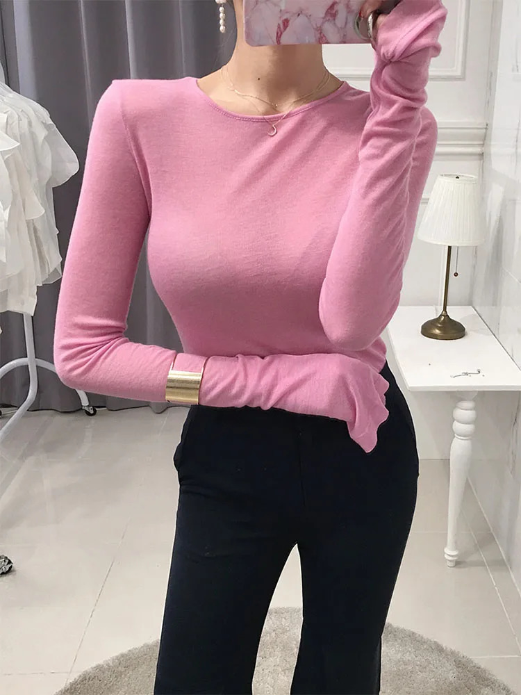 Sexy womens T-shirt long sleeved Korean style slim fit basic elastic T-shirt womens clothing T-shirt women 250208