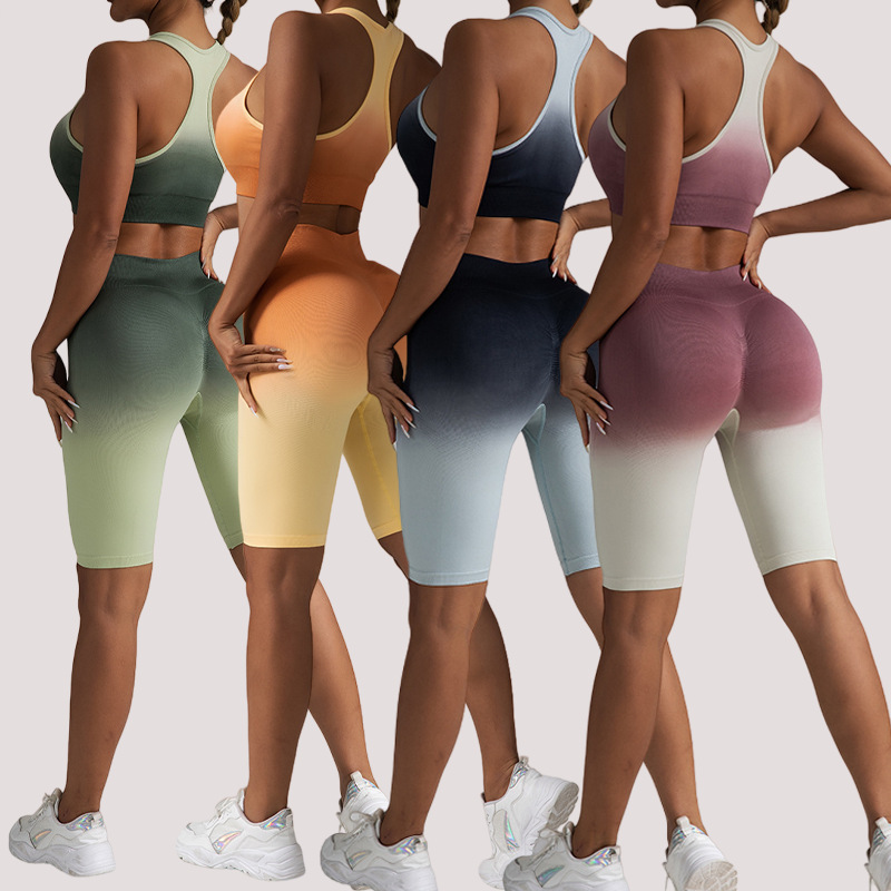 Advanced women's designer casual two-piece gradient hanging dye yoga set beautiful back bra peach hip shorts fitness clothes sportswear