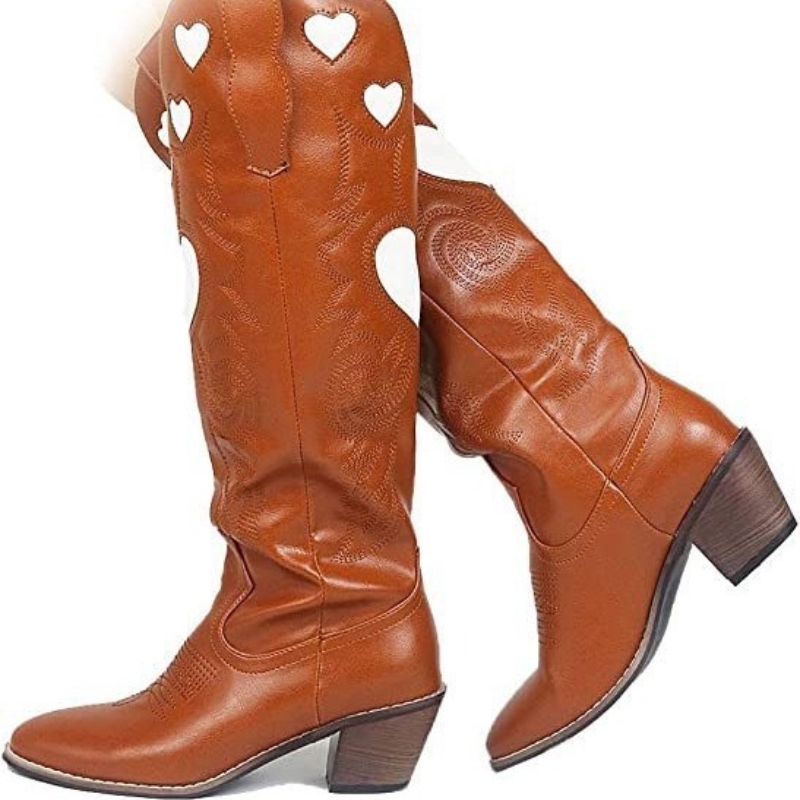 2025 new Pink Heart Shape Knee High Cowboy For Women Retro Patchwork Sewing ral Western Boots Shoes 231204