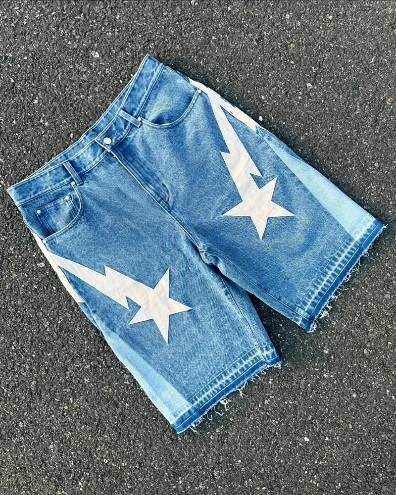 American fashion trend Street style wide-leg Jeans for men Y2k embroidered baggy jeans Goth punk High street casual shorts 250210
