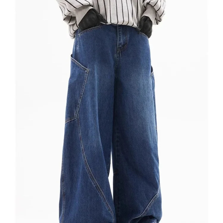 American Style Vintage Large Pocket Curved Jean Womens Spring Autumn Spicy Girl High Street Sensibility Loose Fit Wide L 250210