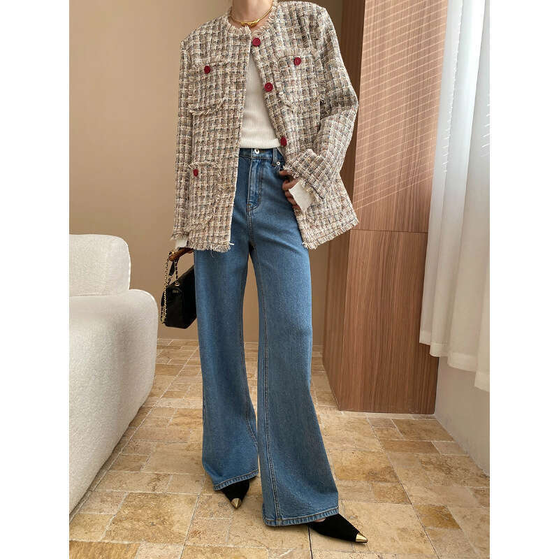 Red Button Long Tweed Jacket Spring Fall Tassel Trim Coat For Women