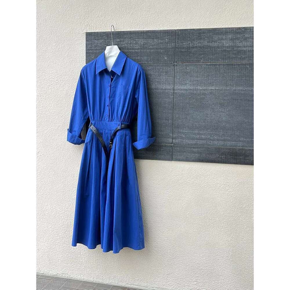 Women Spring Slimming Long Dress With A Cinched Waist Blue Polo Collar Shirt