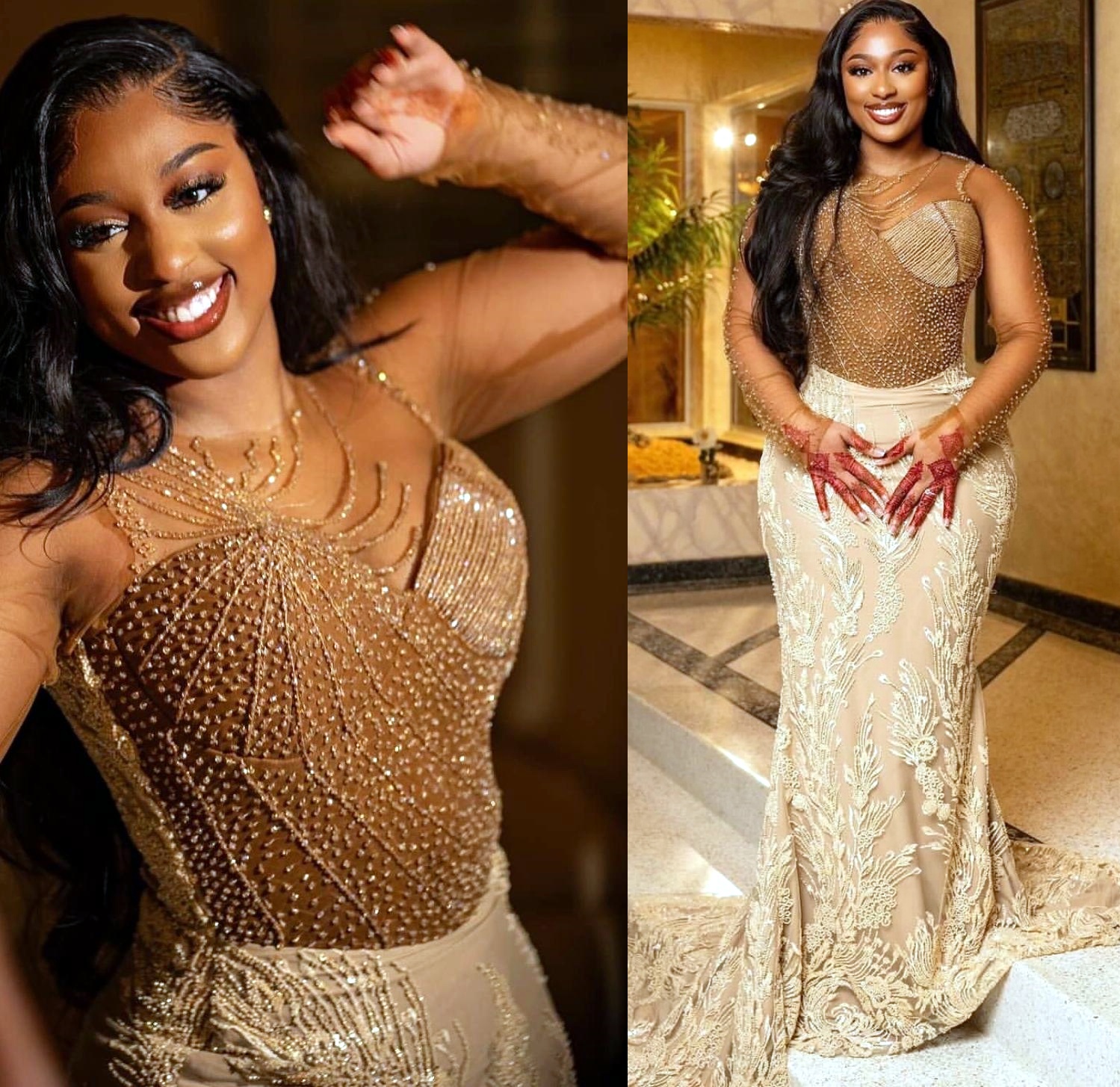 Aso Ebi 2025 Gold Illusion Mermaid Prom Dresses Beaded Lace Full Sleeves Vintage Evening Formal Party Second Reception Birthday Gowns Dress For Specia