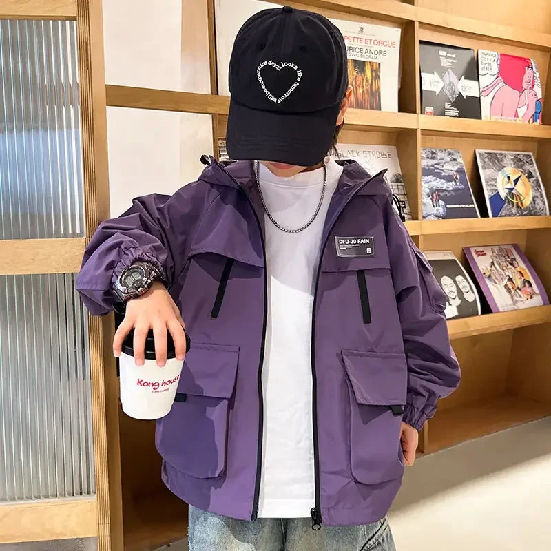 2024 Autumn Girls Boys Casual Windbreak Purple Black Hooded Jacket Baby Kids Children Outerwear Coat 4-14 Yrs Korean Overcoat 250121