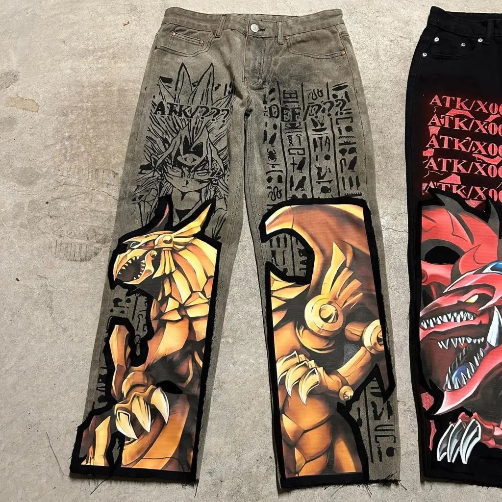 Harajuku anime printing bag jeans wide leg denim pants Y2K mens jeans street retro couple trouser mens clothing 250210