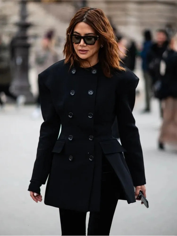 Round Neck Suit Coat Jacket Double Breasted Waist Cinched Retro Mid Length Overcoat Silhouette Women Outwear Top Spring 250122