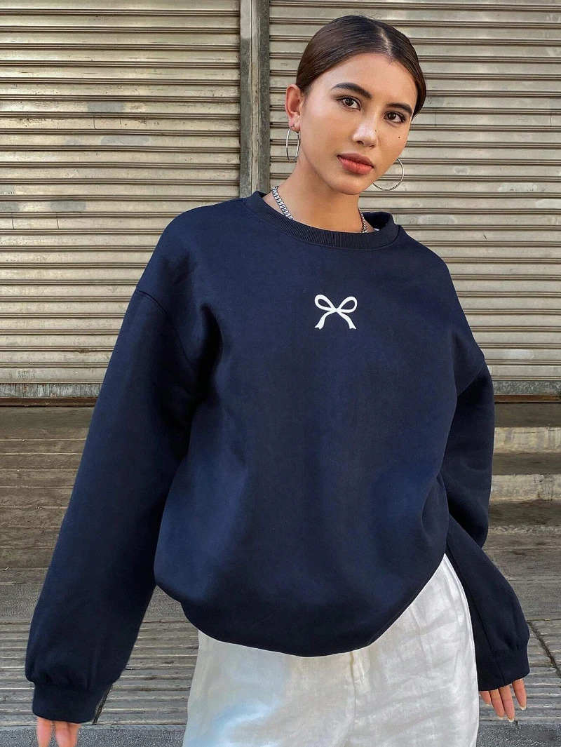 Casual Womens Sweatshirts Kawaii Bow Graphic Prints Pullover Comfortable Warm Oversize Hoodie Autumn Fleece Soft Female Clothes 250213