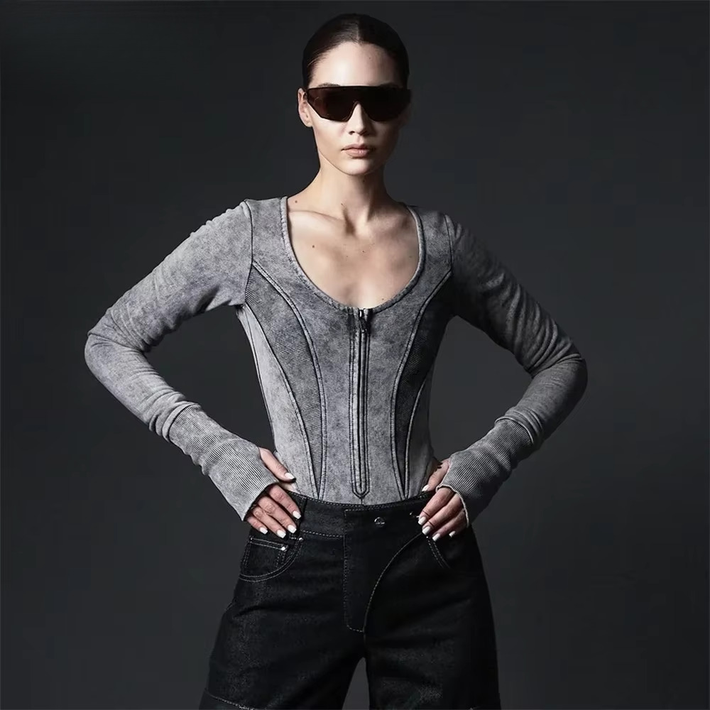 Zekye Distressed Retro Grey Patchwork Zipper Bodysuit Women Outfit High Waist Qulited Streetwear Y2k Grung Cloth Long Sleeve