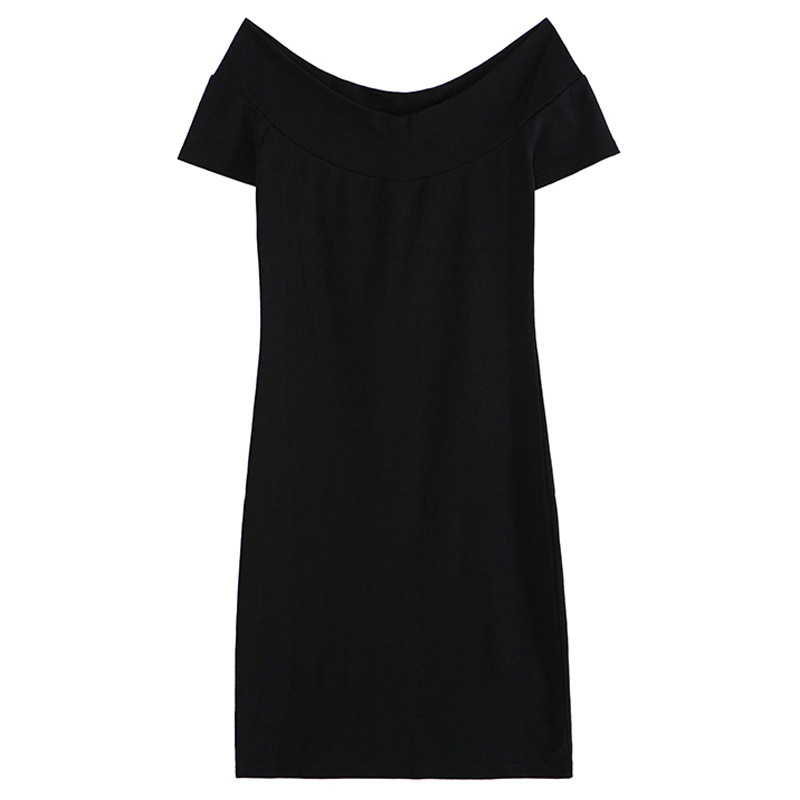 B3240 Cotton one-shoulder short-sleeved dress female temperament elegant little black dress hip short skirt solid color 2025 summer