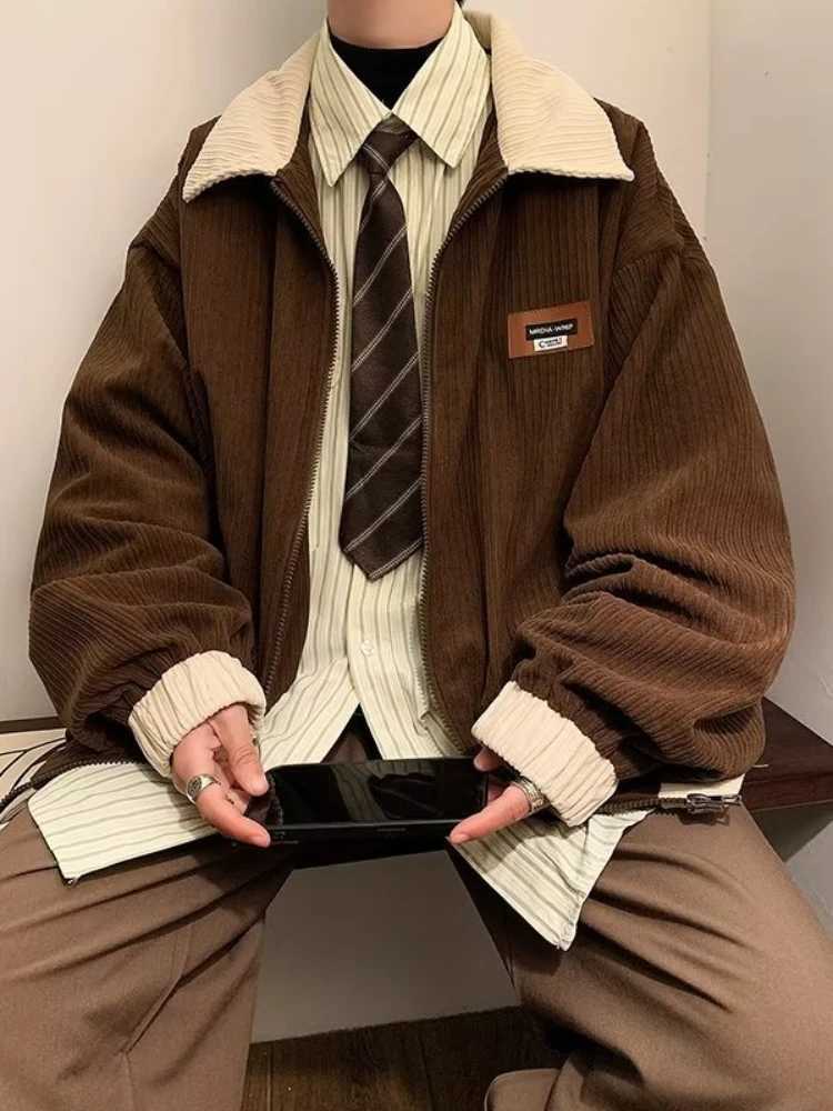 Mens Jackets Contrast Color Vintage Hong Kong Style Loose Leisure All-match Cozy Lapel Teens Streetwear Youthful Warm Classic X250213
