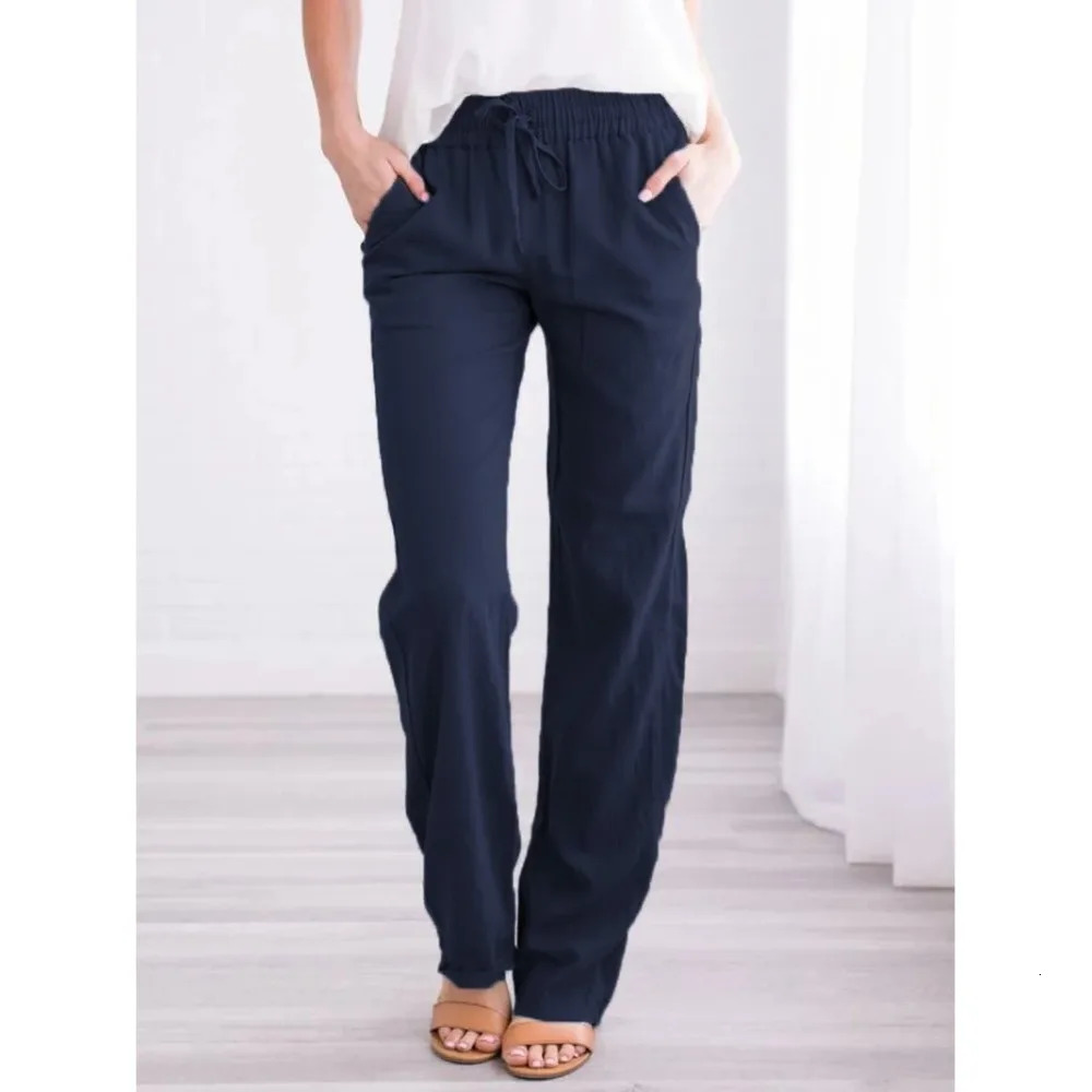 Women Cotton Linen Drawstring Pants Elastic Waist Casual Solid Color Trousers Baggy Loose Straight Leg Breathable Sweatpants 250211
