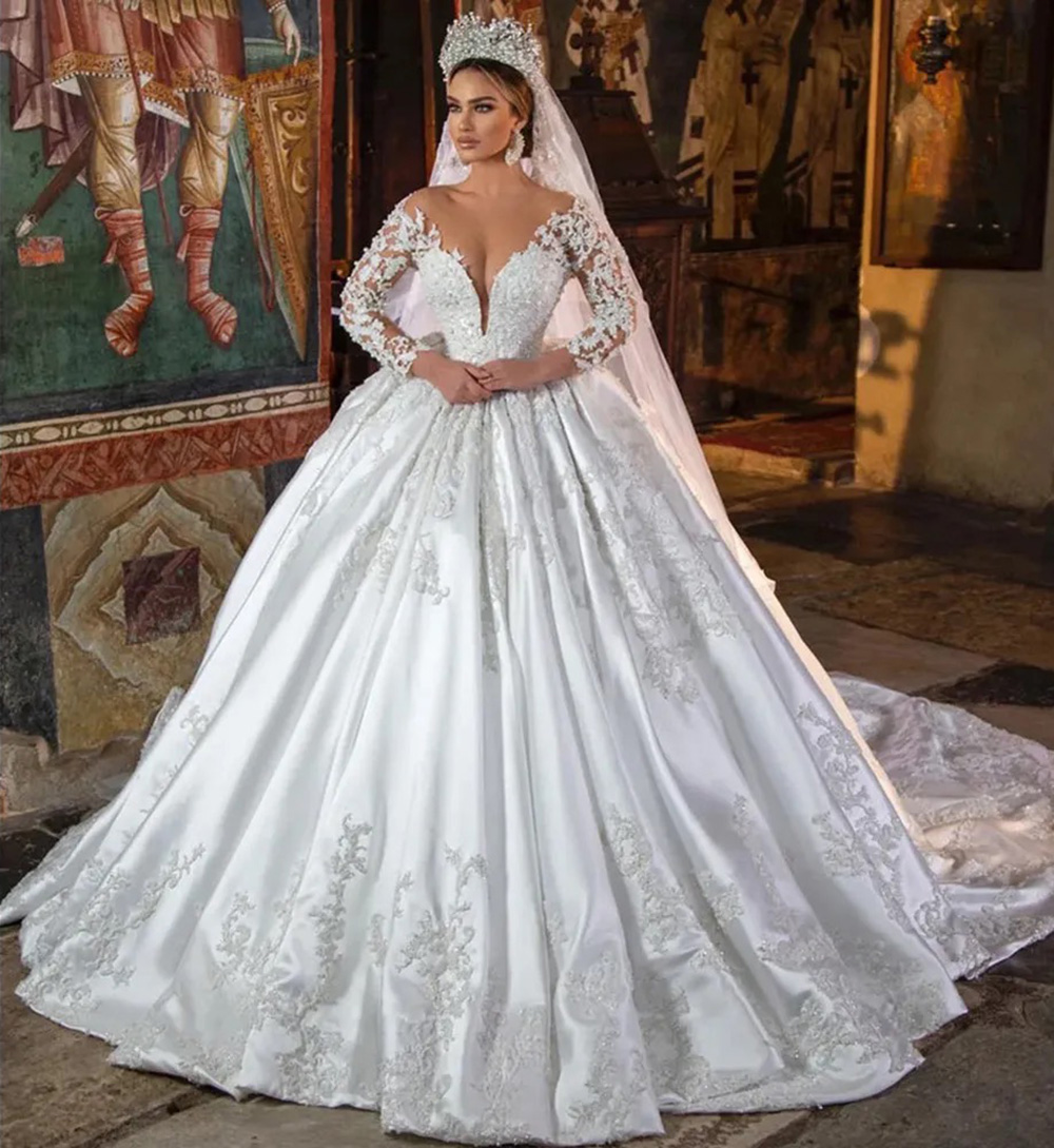 Wedding Dresses White Scoop Neck Satin Sequins Beaded Appliques Long Sleeves Bridal Gowns Floor-Length Sweep Train