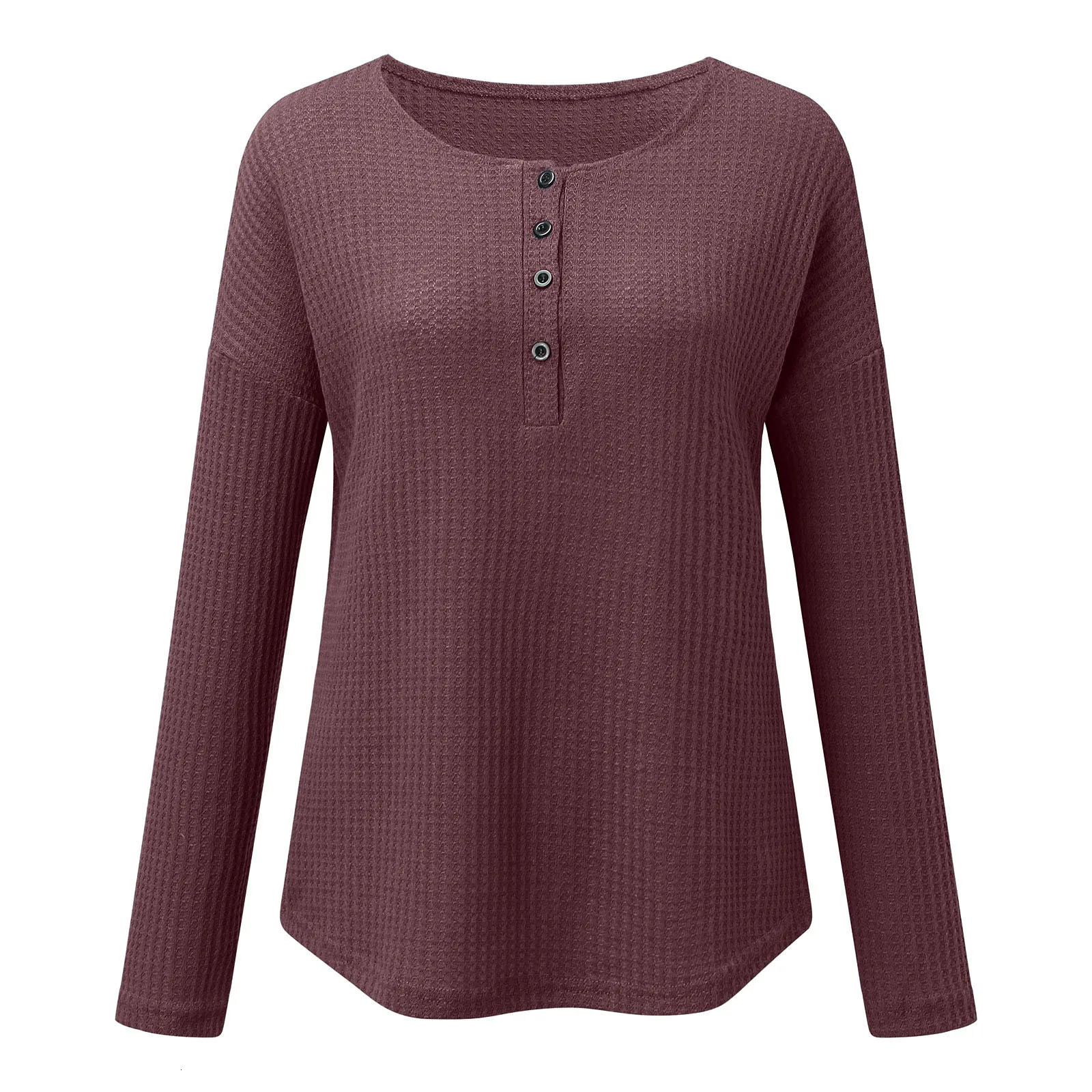 Womens Henry collar long sleeved T-shirt solid color Waffle T-shirt casual womens button T-shirt autumn winter basic top 250208