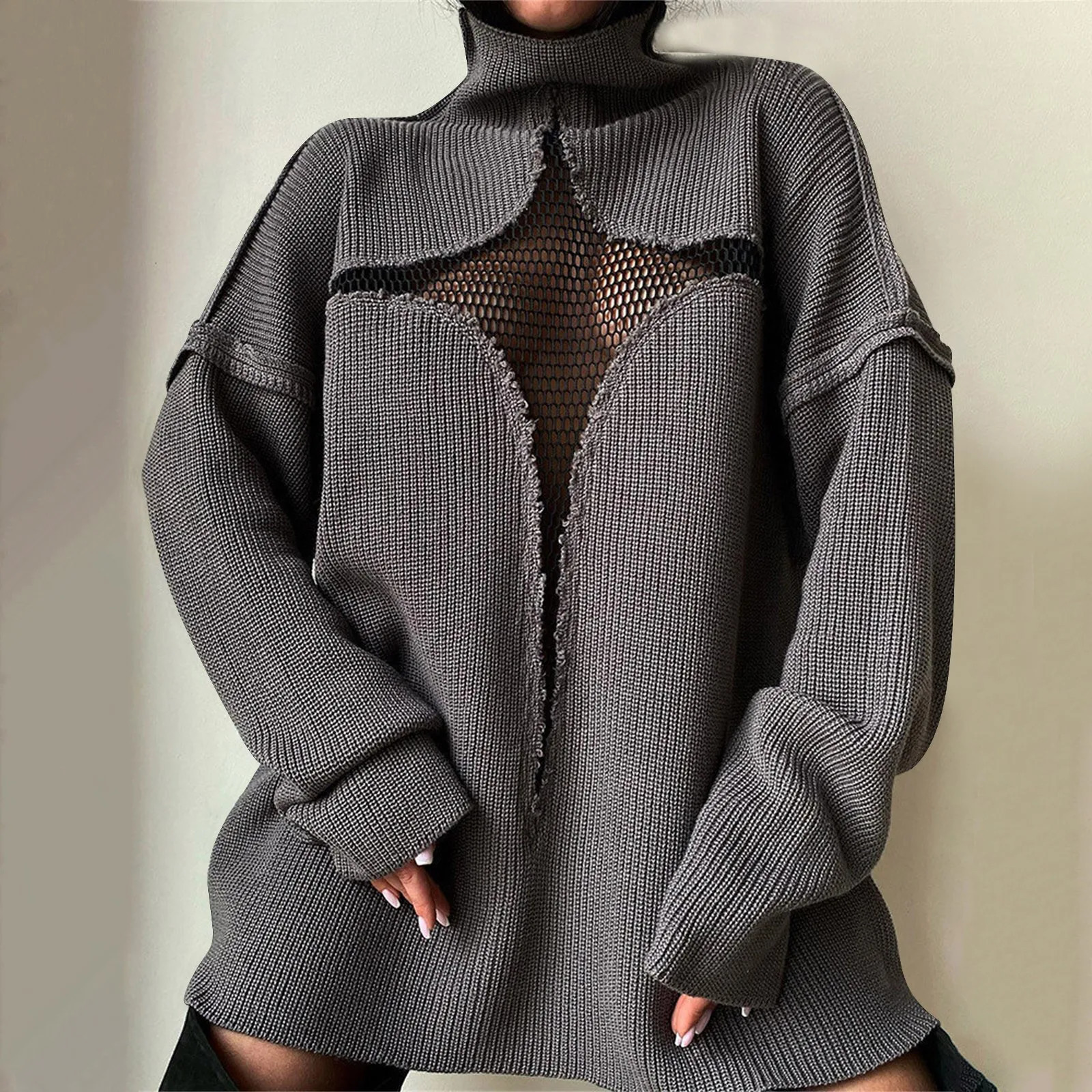 Womens Sexy Mesh Loose Knitted Hollow Pullover High Neck Sweater Autumn And Winter Jumper Knitwear Turtleneck Streetwear 250210