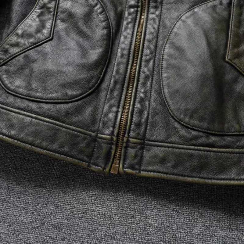 American leather jacket mens motorcycle jacket retro Distressed graphite olive green ultra-thin lapel jacket new style X250213