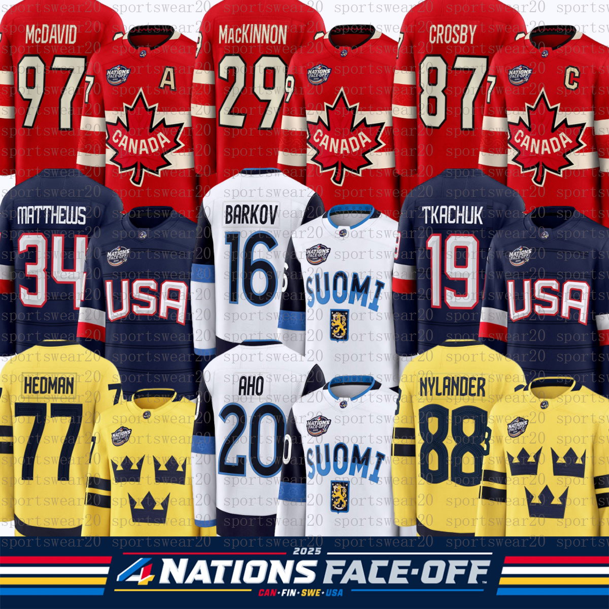 2025 4 Nations Face-Off Hockey Jersey MatthewsS ConnorS McDavidS Hedman Barkov Crosby MacKinnon Tkachuk Nylander Aho Team Canada USA Sweden Finland hockey jerseys