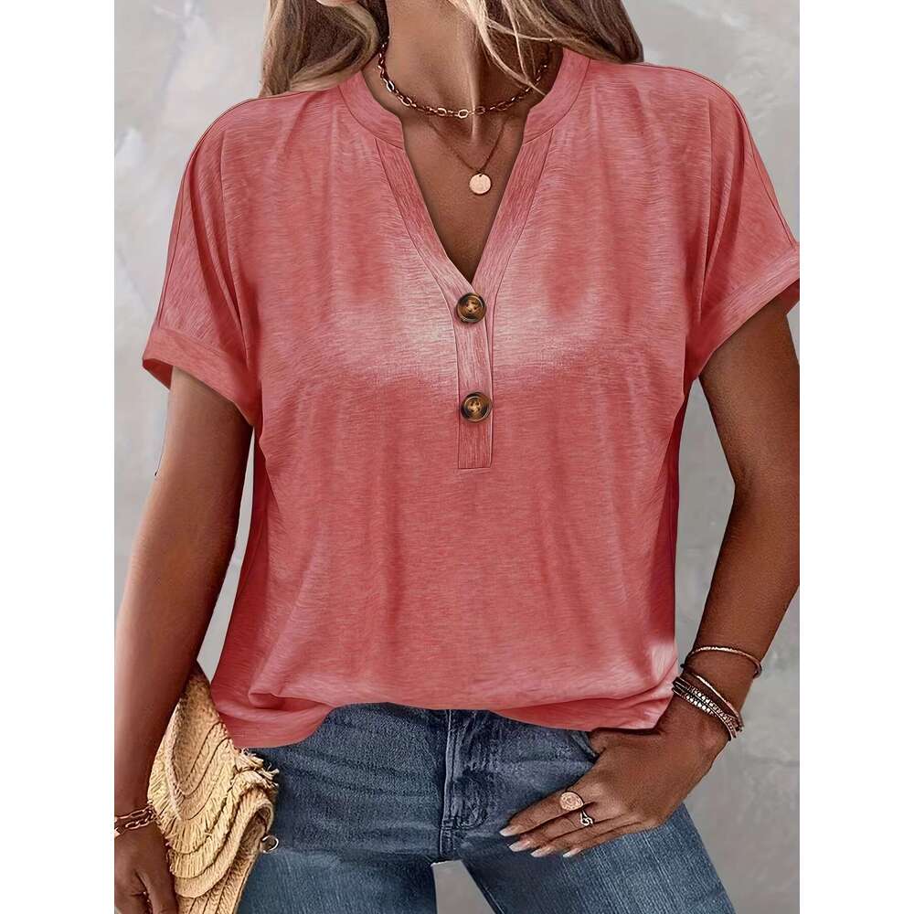Chic Plus Size Short Sleeve Buttoned V-Neck Casual T-Shirt Lightweight Summer Top For Women
