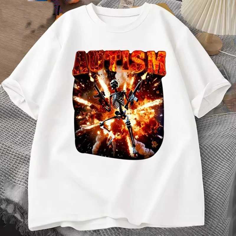 Autistic Funny Skeleton T-shirt Womens Autism Edgy Skeleton Meme T-shirt Casual Short Slip T-shirt Round Neck Dress X250213