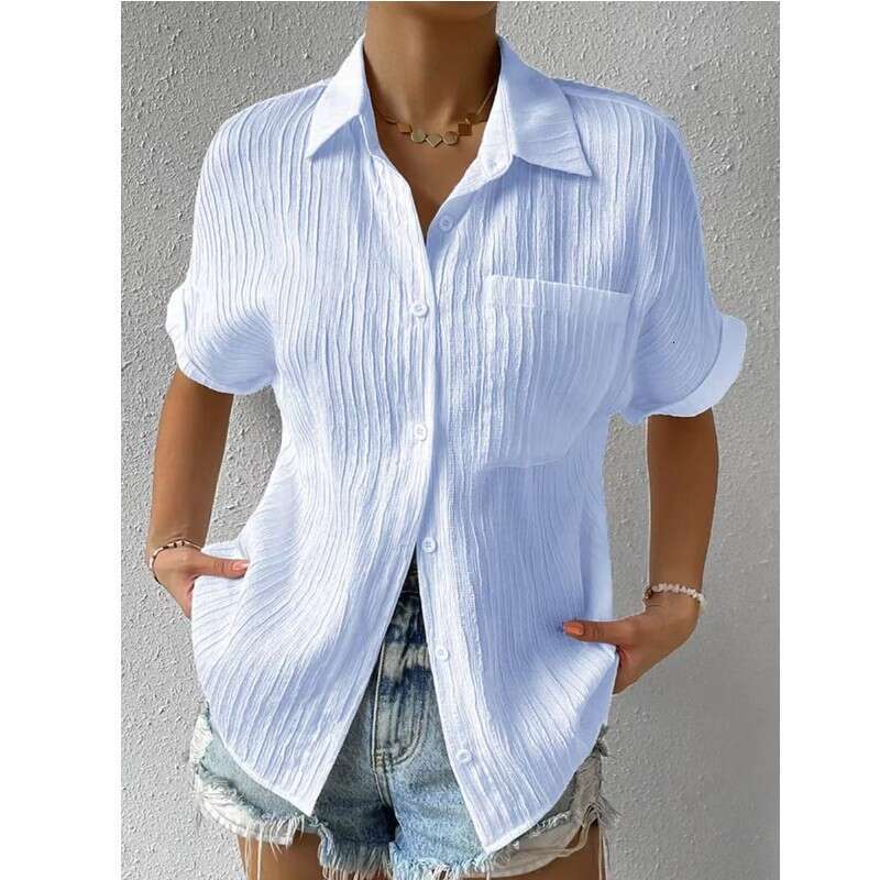 Cardigan 2025 patchwork pocket solid color temperament lapel raglan shirt short sleeved women's new casual versatile fashion clothing