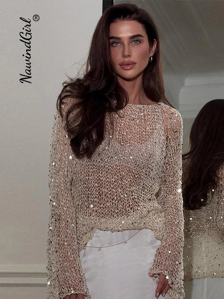 Sequins Hollow Out Pullovers Women Loose O-neck Long Sleeve Knit Sweaters Female Spring Shinny Chic Evening Shirts Lady 250210
