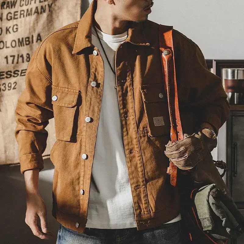 Mens Jean Coats Wide Shoulders Autumn Mens Denim Jacket Cargo Brown Menswear Joker G Fashion Winter 2024 Clothing Trendy Korea X250213