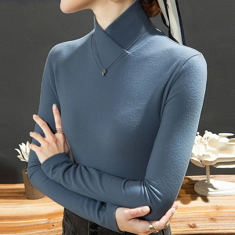 Autumn Winter T Shirt Fleece Fabric Turtleneck Bottoming Tee Korean Simple Casual Tops Long Sleeve Tshirt Keep Warm 250211