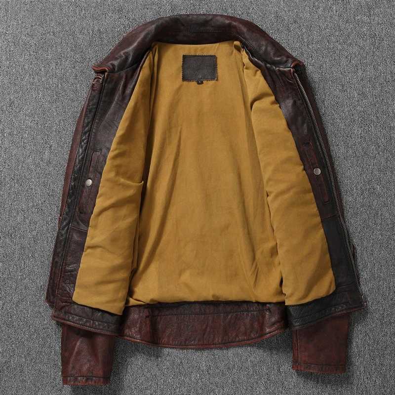 Top layer Cow Oversized Leather Jacket Red-Brown American retro Motorcycle Style Color Distressed High Sense Coat X250213