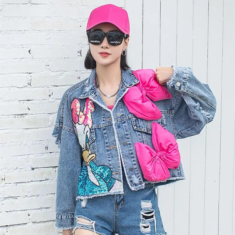 Cartoon Patch Embroidery Sequins 3D Bowtie Denim Coat Women Loose Jeans Bowknot Bomber Jacket Cardigan Streetwear Patch Tops 250213