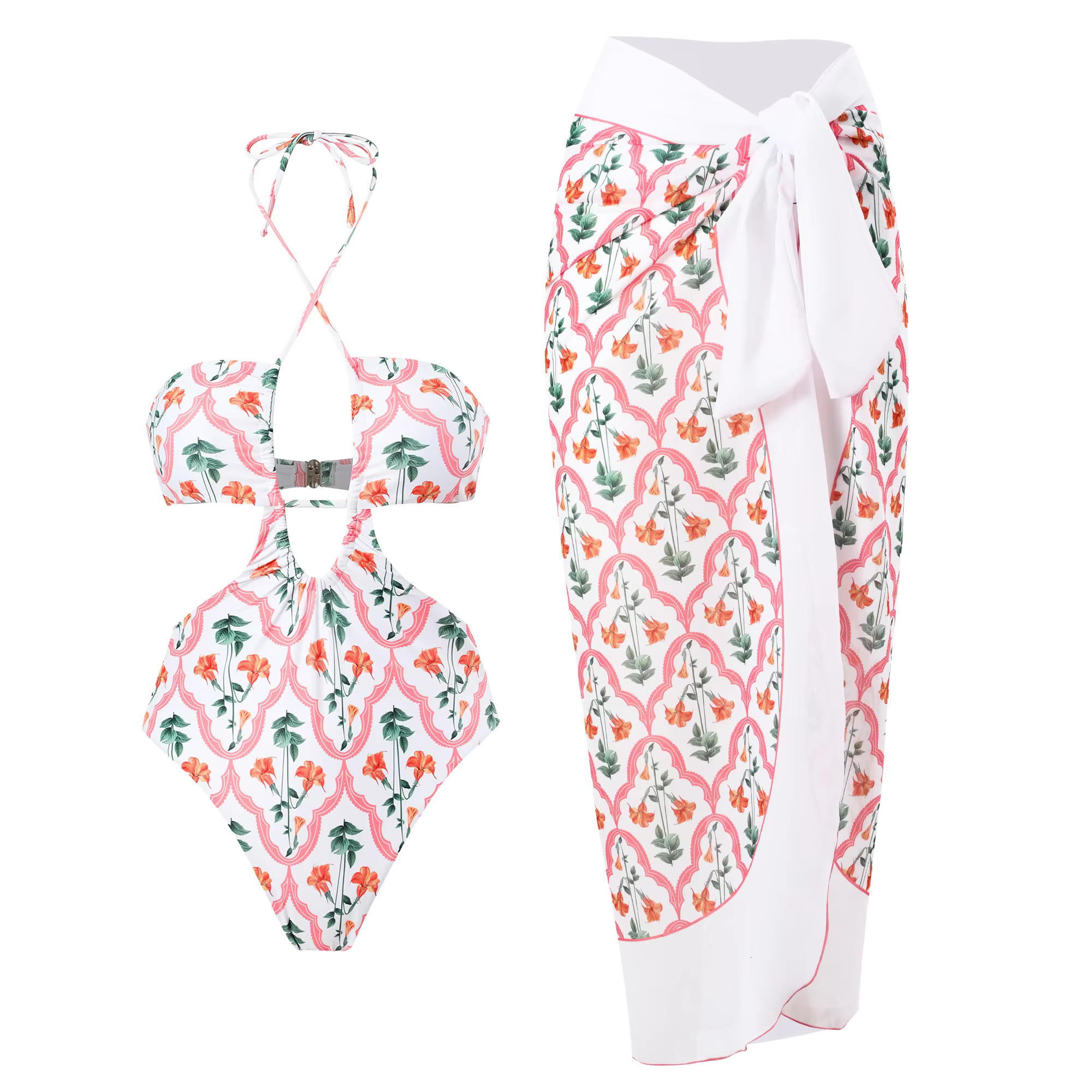 2023 High Leg One Piece Swimwear Women Print Swimsuit Cut Out Bathing Suit Cross Beach Wear Bodysuit Monokini Summer