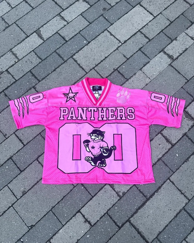 Y2K pink animal print letter oversized V-neck T-shirt suitable for trendy summer casual couple tops 250210