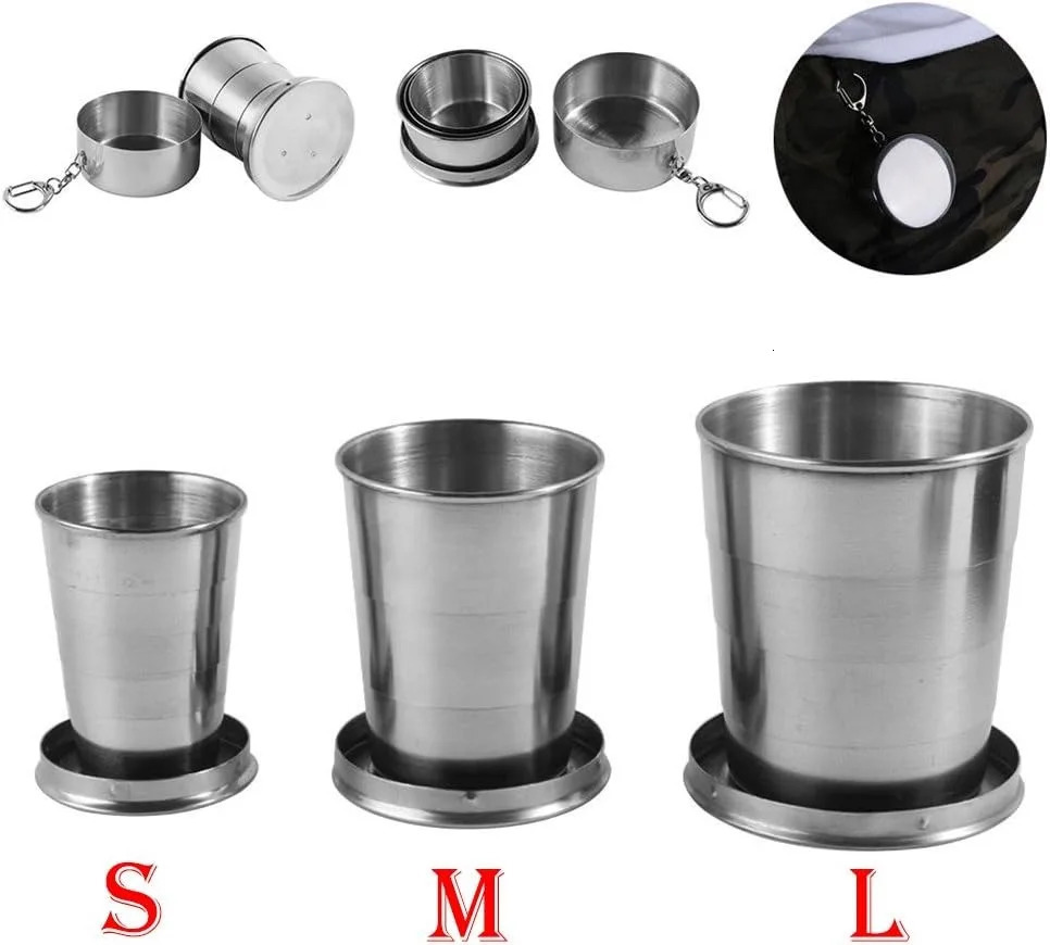 75150250450ML Stainless Steel Collapsible Cup Camping Cookware Expandable Teacups Portable Outdoor Travel Mug Z260202