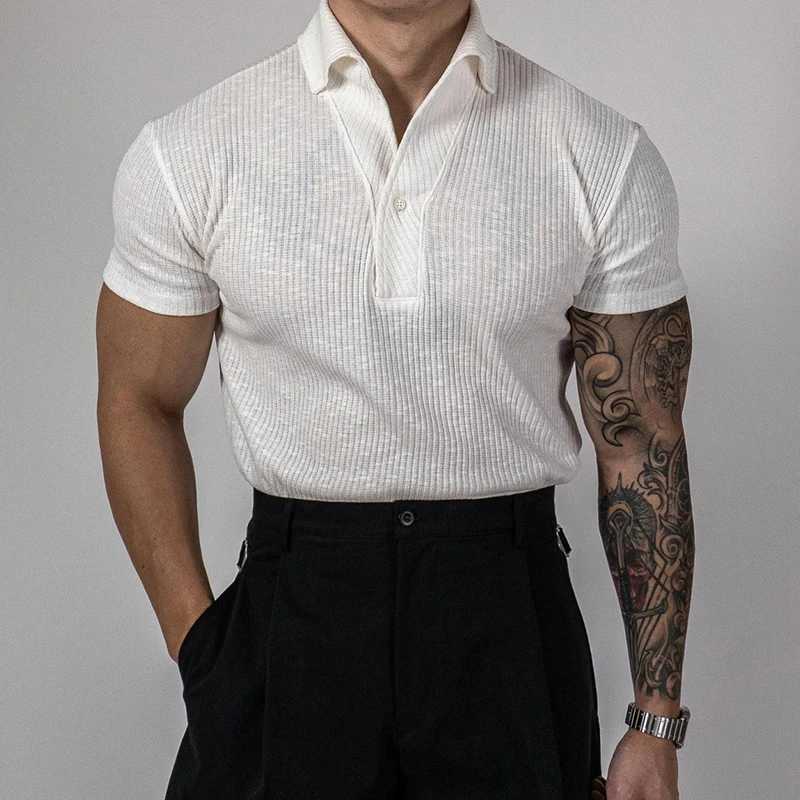 Fashionable ribbed polo shirt for men sports and fitness muscle short sleeved slim fit elastic top casual solid color lapel polo mens T-shirt X250213
